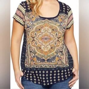 Lucky Brand Women's Navy and Orange Short Sleeve Top